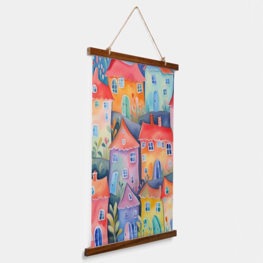 Pastel kleine huizen in zachte kleur, rustige kleu hangend wandkleed (Gebogen)