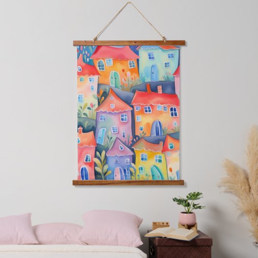 Pastel kleine huizen in zachte kleur, rustige kleu hangend wandkleed (Slaapkamer)