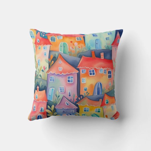 Pastel kleine huizen in zachte kleur, rustige kleu kussen (Achterkant)