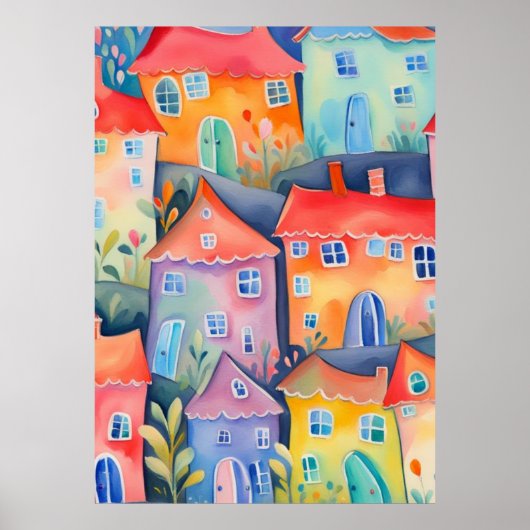 Pastel kleine huizen in zachte kleur, rustige kleu poster (Voorkant)