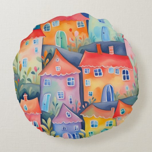 Pastel kleine huizen in zachte kleur, rustige kleu rond kussen (Achterkant)