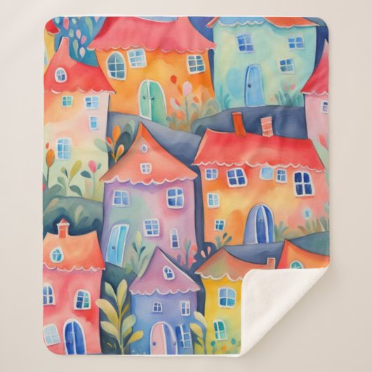 Pastel kleine huizen in zachte kleur, rustige kleu sherpa deken (Voorkant)