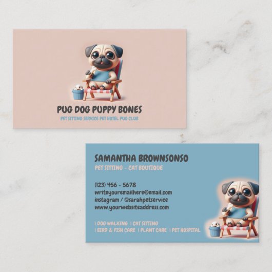 Pastel Kleur 3D Pug Pet Sitter Hond Hotel Visitekaartje (Voorkant / Achterkant)