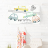 Pastel kleur auto's ballonnen wit Baby shower Spandoek (Insitu)