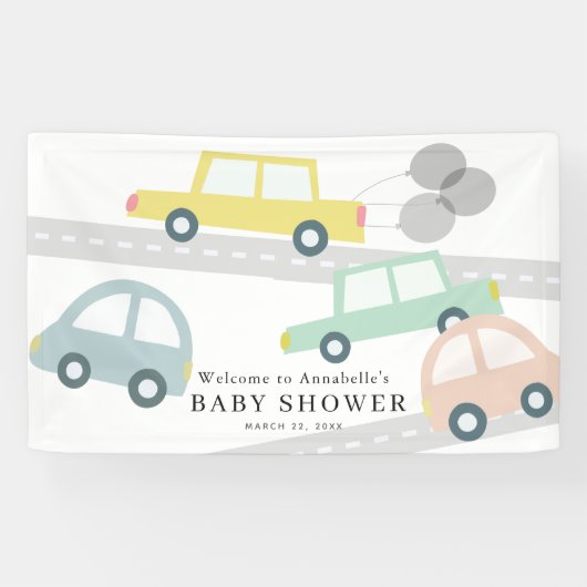 Pastel kleur auto's ballonnen wit Baby shower Spandoek (Horizontaal)