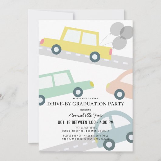 Pastel Kleur Auto's Foto Drive-by Graduation Party Kaart (Voorkant)