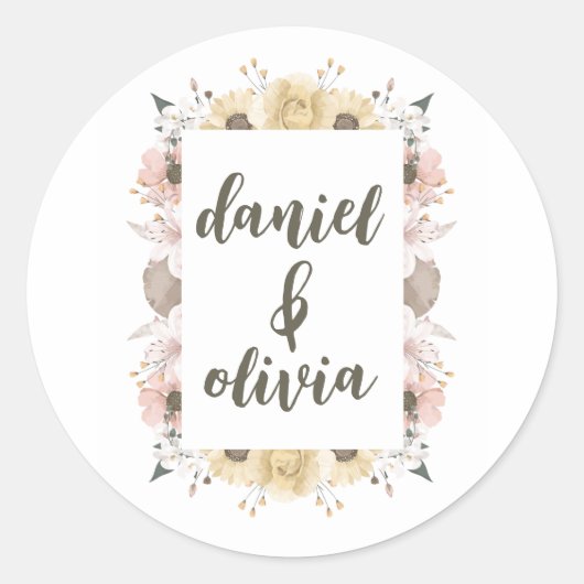 Pastel kleur Bloemen bruiloft Ronde Sticker (Voorkant)