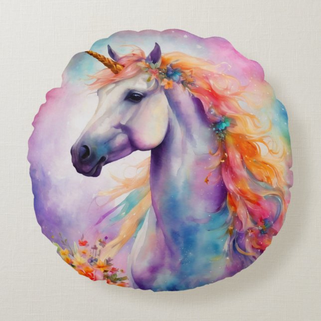 Pastel Kleur Eenhoorn Rond Kussen (Voorkant)