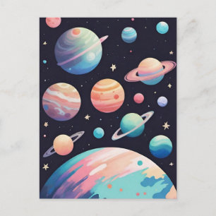 Pastel kleur planeten in donkere ruimte briefkaart