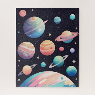 Pastel kleur planeten in donkere ruimte legpuzzel