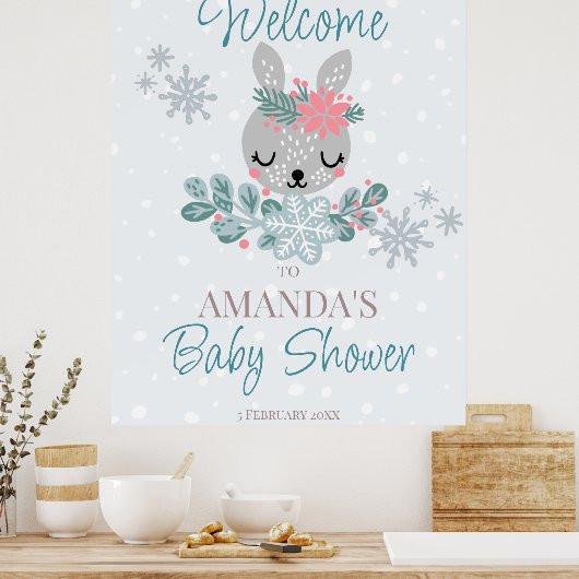 Pastel kleuren baby shower winterkonijn welkom poster (Keuken)