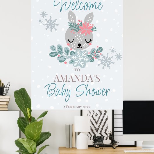Pastel kleuren baby shower winterkonijn welkom poster (Thuiskantoor)