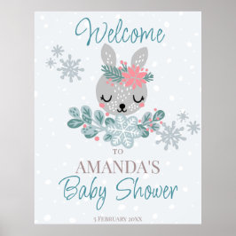 Pastel kleuren baby shower winterkonijn welkom poster