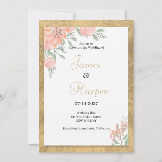 Pastel kleuren goud waterverf bloemen lijst bruilo kaart (Voorkant)