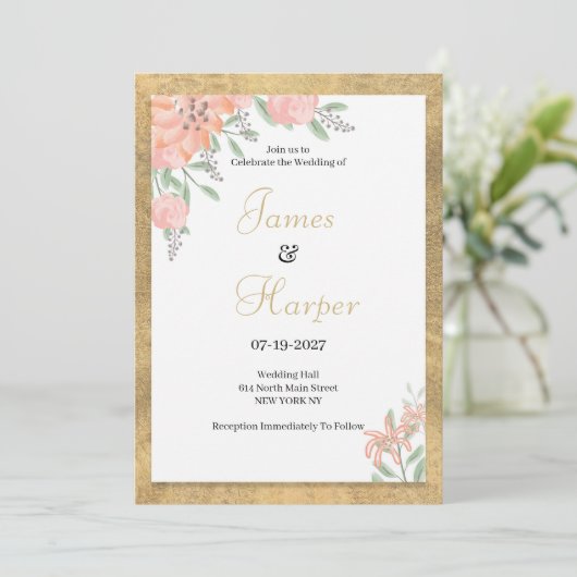 Pastel kleuren goud waterverf bloemen lijst bruilo kaart (Staand voorkant)