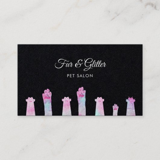 Pastel kleuren harige poten op zwart visitekaartje (Voorkant)