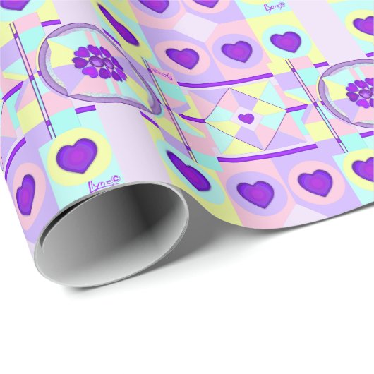 Pastel kleuren & paarse harten kloppen cadeaupapier (Rol Hoek)