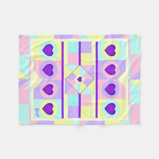 Pastel kleuren & paarse harten kloppen fleece deken (Voorkant (Horizontaal))