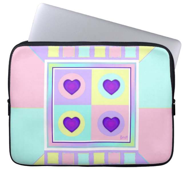 Pastel kleuren & paarse harten kloppen laptop sleeve (Voorkant)