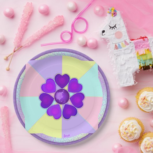 Pastel kleuren & paarse harten kloppen papieren bordje (Feest)