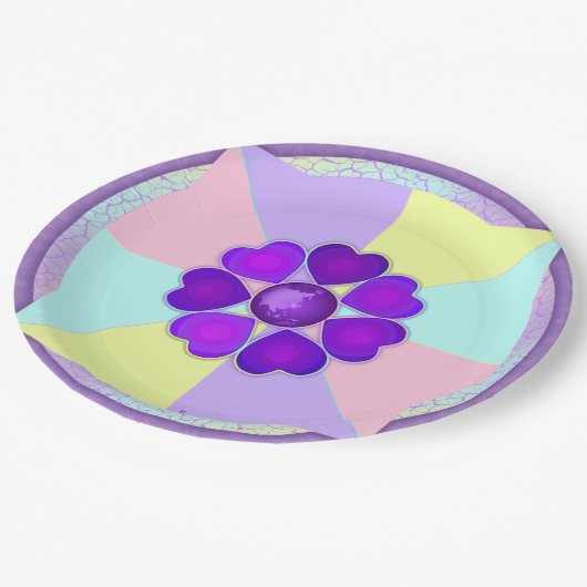 Pastel kleuren & paarse harten kloppen papieren bordje (Gekanteld)
