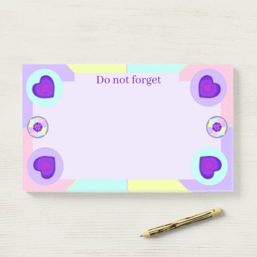 Pastel kleuren & paarse harten kloppen post-it® notes (Op bureau)
