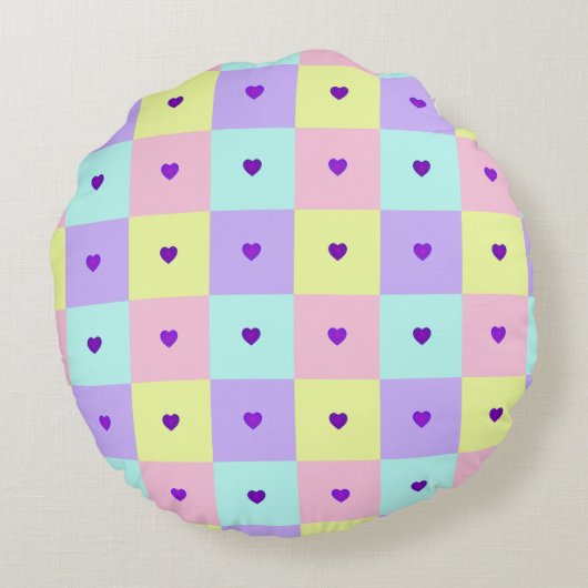 Pastel kleuren & paarse harten kloppen rond kussen (Achterkant)