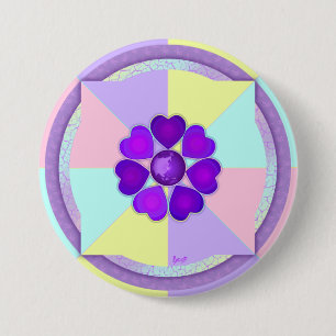 Pastel kleuren & paarse harten kloppen ronde button 7,6 cm