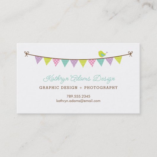 Pastel Kleuren Patterned Bunting en Schattige Bird Visitekaartje (Voorkant)