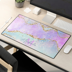 Pastel kleuren roze blauw agaat glitter monogram bureaumat
