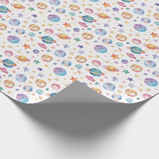 Pastel kleuren ruimteplaneten op witte achtergrond cadeaupapier (Hoek)