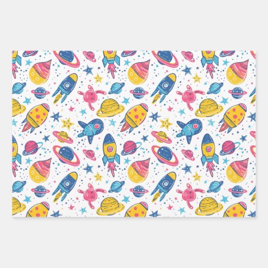 Pastel kleuren ruimteplaneten op witte achtergrond inpakpapier vel (Voorkant 3)