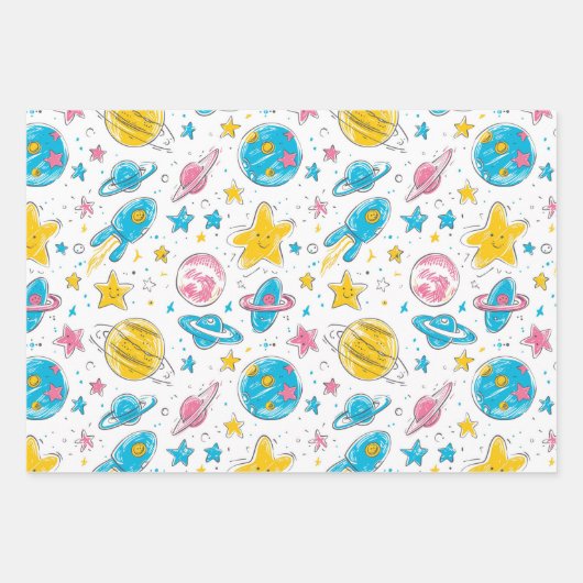 Pastel kleuren ruimteplaneten op witte achtergrond inpakpapier vel (Voorkant 2)