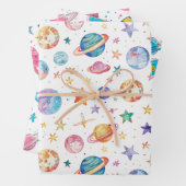 Pastel kleuren ruimteplaneten op witte achtergrond inpakpapier vel (In situ)