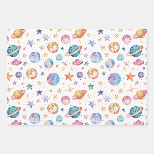 Pastel kleuren ruimteplaneten op witte achtergrond inpakpapier vel (Voorkant)