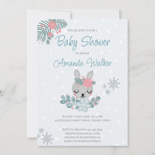 Pastel kleuren sneeuwbollig baby shower kaart (Voorkant)