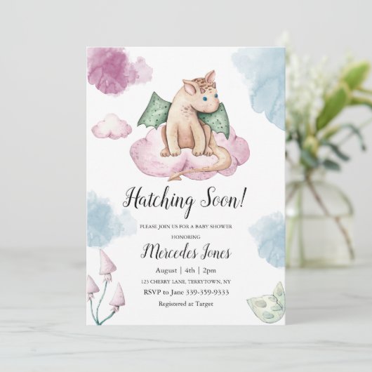 Pastel Kleuren Waterverf Dragon op Roze Wolk Kaart (Staand voorkant)