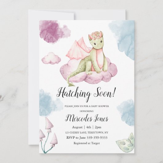 Pastel Kleuren Waterverf Dragon op Roze Wolk Kaart (Voorkant)