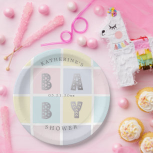 Pastel Kleurenblok Zilver Baby shower Papieren Bordje