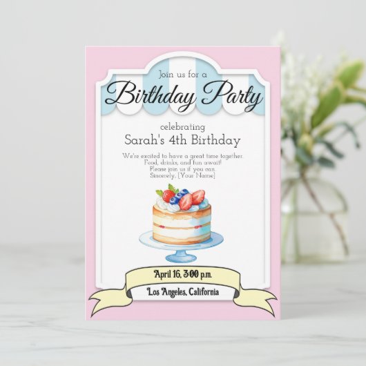 pastel kleurentaart, uitnodiging voor verjaardagsf (Staand voorkant)