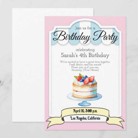 pastel kleurentaart, uitnodiging voor verjaardagsf (Voorkant / Achterkant)