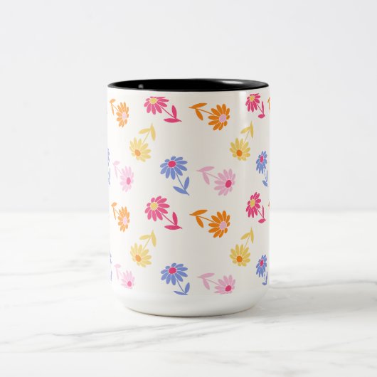 Pastel Kleurrijke Bloemen Naadloos Patroon Tweekleurige Koffiemok (Center)
