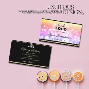 Pastel Kleurrijke Glitter Zwart Goud Rand en Logo Visitekaartje