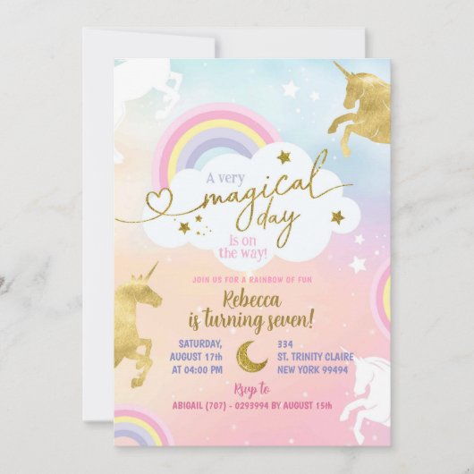 Pastel kleurrijke gouden magische eenhoorn meisje  kaart (Voorkant)
