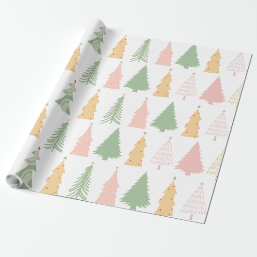 Pastel Kleurrijke Kerst Bomen Wrapping Papier (Uitgerold)