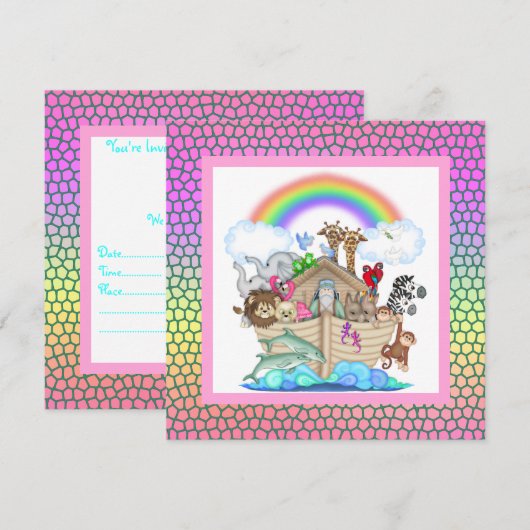 Pastel kleurrijke NOAHS ARK PARTY-INVITATIE Kaart (Voorkant / Achterkant)