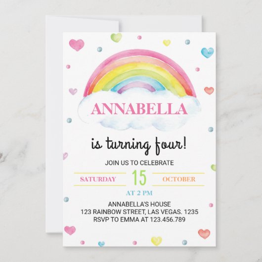 Pastel Kleurrijke Regenboog Verjaardag Uitnodiging (Voorkant)