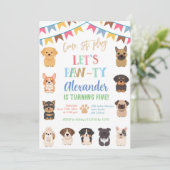 Pastel kleurrijke verjaardag laten we pawty hond kaart (Staand voorkant)