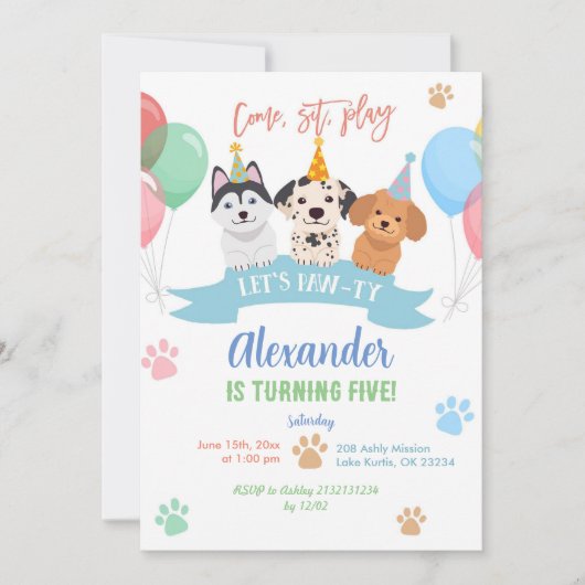 Pastel kleurrijke verjaardag laten we pawty hond kaart (Voorkant)