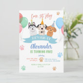 Pastel kleurrijke verjaardag laten we pawty hond kaart (Staand voorkant)